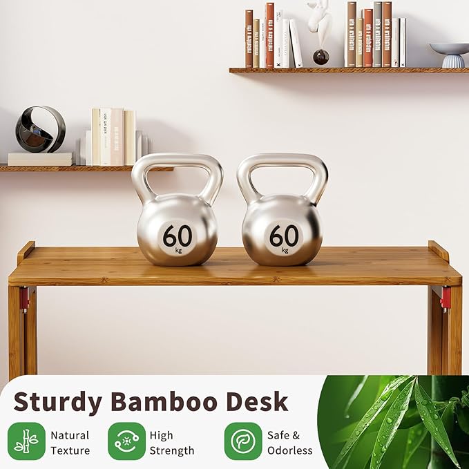 Folding Desk for Small Spaces, Bamboo Foldable Desk with Storage, Brown | Small Computer Desk with Bookshelf, Mid Century, Fold Out，Compact Size, for Bedroom, Living Room, Apartment, Home Office - Image 3