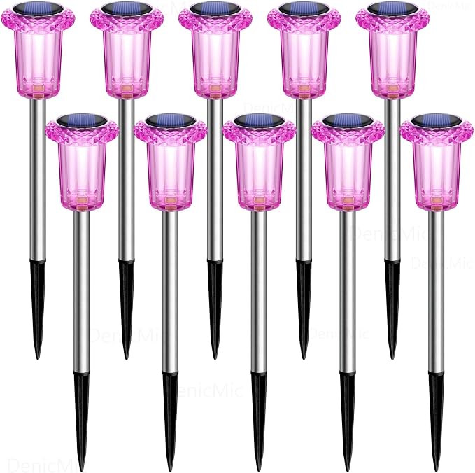 DenicMic Solar Outdoor Lights 10 Pack Pink LED Valentines/Mothers Day Decor | Garden Decor for Outside Yard Patio Flowerbed Pathway Starburst Pattern, Acrylic Diamond-like Lampshade Stainless Steel Pole - Image 8