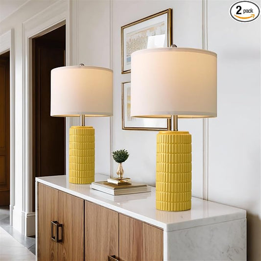 PoKat 23" Yellow Table Lamps Set of 2, Modern Living Room End Table Lamps Decor, Ceramic Lamps for Living Room, Contemporary Nightstand Lamps for Side Console Table Hallway Gift by Pokat