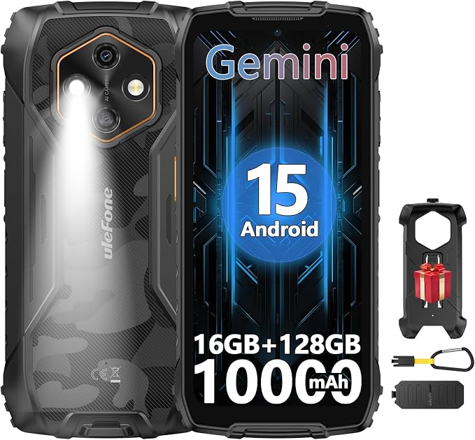 Ulefone RugKing 4 Pro Tough AI Rugged Phone, 10000 mAh 16GB + 128GB, Android 15 Octa-Core 48MP 6.56" 120Hz, 120LM Super Torch/3 Card Slots/IP68/IP69K/NFC, Package with Exclusive Armor Case- Black by UlefonePhone