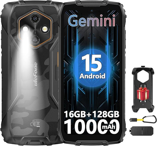 Ulefone RugKing 4 Pro Tough AI Rugged Phone, 10000 mAh 16GB + 128GB, Android 15 Octa-Core 48MP 6.56" 120Hz, 120LM Super Torch/3 Card Slots/IP68/IP69K/NFC, Package with Exclusive Armor Case- Black by UlefonePhone