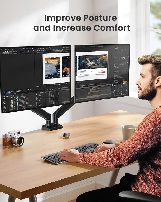 ErGear Dual Monitor Stand up to 33 inches Screen, Load-Bearing Max 22 lbs Each Arm, Adjustable Dual Monitor Mount, Sturdy Steel vesa Monitor Mount with Stable VESA 75x75 100x100mm - Image 7