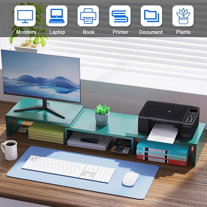 Dual Monitor Stand for Desk, Metal Computer Stand, Desk Shelf Riser,Desktop Organizer for Home and Office Use (Green) - Image 4