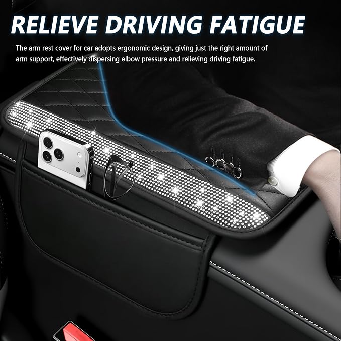 Stacool Upgraded Car Center Console Cover with Rhinestones,Microfiber Leather Car Armrest Cover Cushion with 2 Storage Bags,Universal Cars Armrest Storage Box as Cars Interior Accessories - Image 4