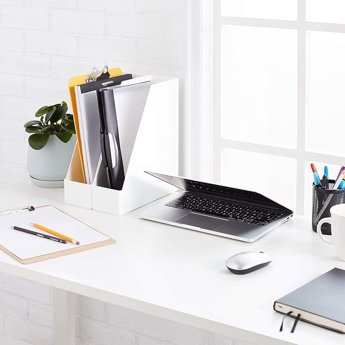 Amazon Basics Rectangular Plastic Desk Organizer, Magazine Rack, White, 2-Pack - Image 2