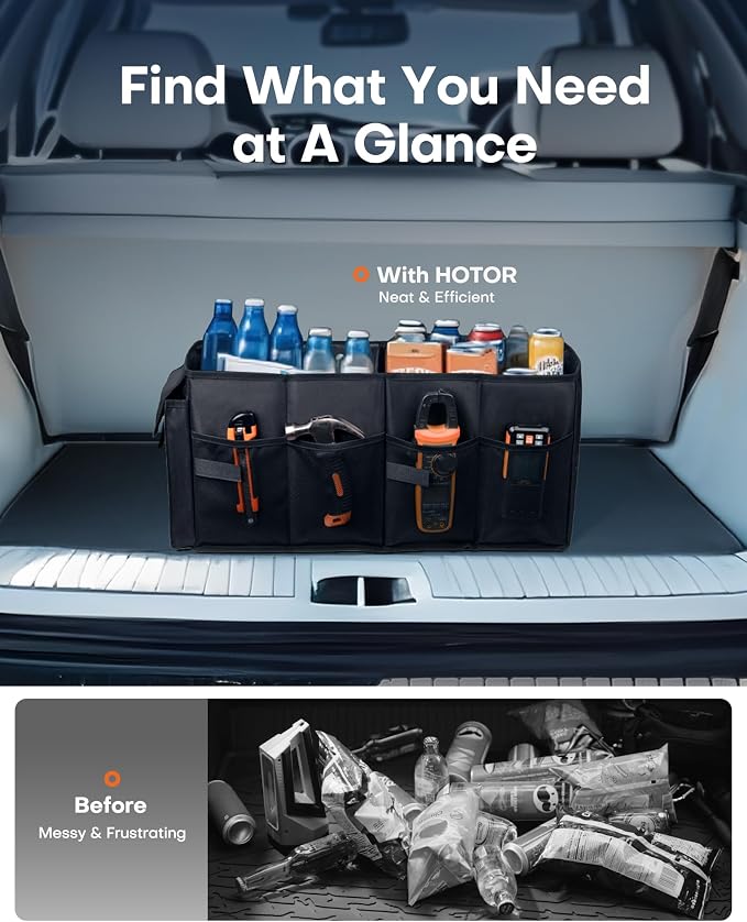 HOTOR Trunk Organizer - Car Organizer, Foldable Trunk organizer for SUVs & Sedans, Sturdy Car Organization for Car Accessories, Tools, Sundries, Black, 2 Compartments, 21.3"×12.6"×10.6" - Image 7