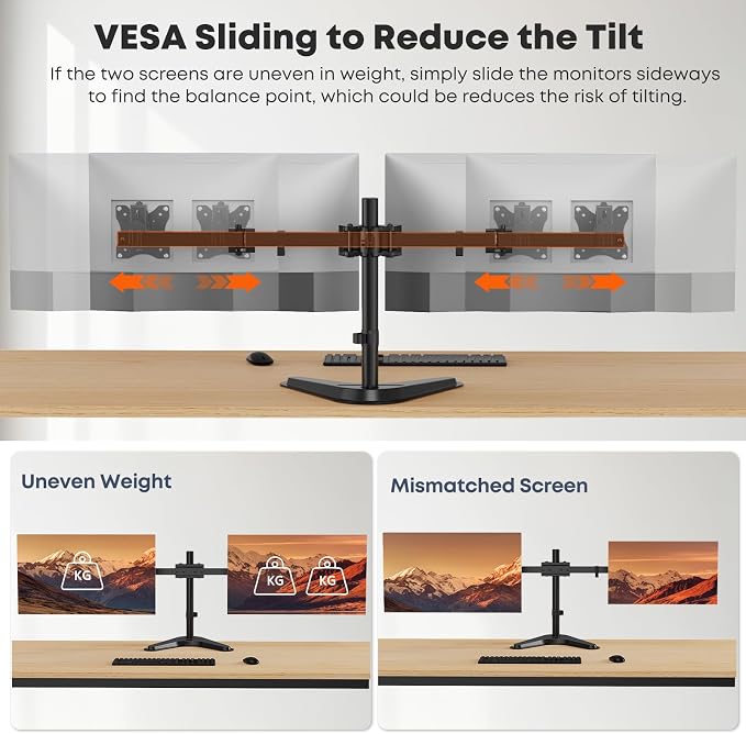 Dual Monitor Stand fits 17-32 inch, Free Standing Heavy Duty Monitor Mount | Precise Slide, Tilt, Swivel, Rotate and Height Adjust, 19.8 lbs per Arm, VESA 75/100mm - Image 4
