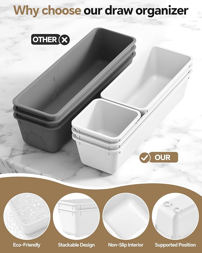 Canfanni 13 Pack Plastic Drawer Organizers Set, 3 Sizes Desk Drawer Organizer Trays for Vanity and Makeup Organizer, Organization and Storage for Makeup, Kitchen Utensils, Bathroom and Office(White) - Image 3