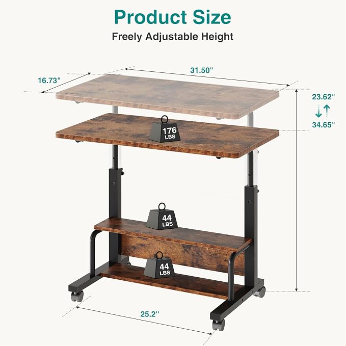 OLIXIS Rolling Desk, Storage Shelves, Laptop Table, Home Office | Height Adjustable Design, Computer Desks on Wheels, Portable for Small Spaces Use, Rustic Brown - Image 3