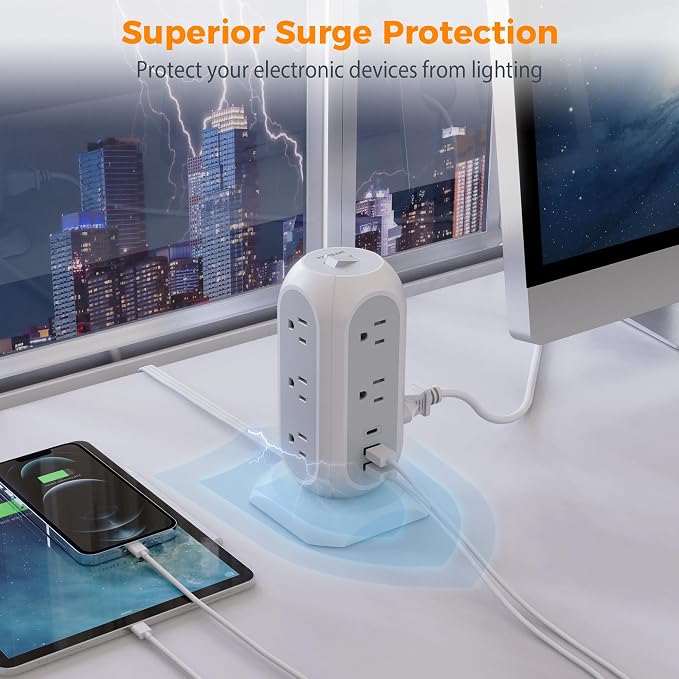 TESSAN Tower Power Strip Flat Plug with 1050J Surge Protection, 10 Ft, Grey | 11 Outlets 3 USB (1 USB C), Surge Protector Power Tower, Extension Cord with Multiple Outlets, Dorm, Office Desk Supplies - Image 5
