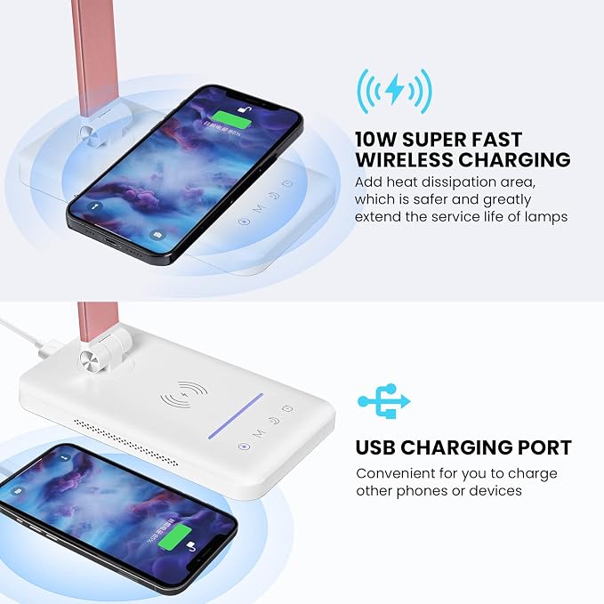 LED Desk Lamp with Night Light, Fast Wireless Charger, USB Charging Port, 10 Brightness, 5 Color Modes, Dimmable Bedside Table Lamp for Bedroom, Touch Control, Auto Timer, 1200Lux Super Bright - Image 2