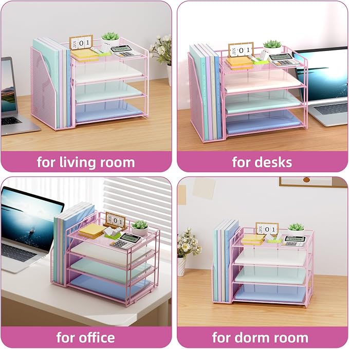 Marbrasse 4-Tier Paper Tray Organizer with File Holder, Pink | Sturdy Paper Tray, Built-in File Holder, fits Letters/Docs, Saves Desk Space, for School/Office/Home - Image 6