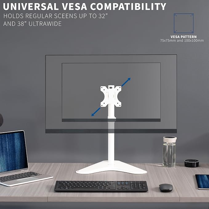 VIVO Single Monitor Desk Stand, Holds Screens up to 32 inch Regular and 38 inch Ultrawide, Freestanding VESA Steel Mount Base, Adjustable Height, Tilt, Swivel, Rotation, White, STAND-V001HW - Image 4