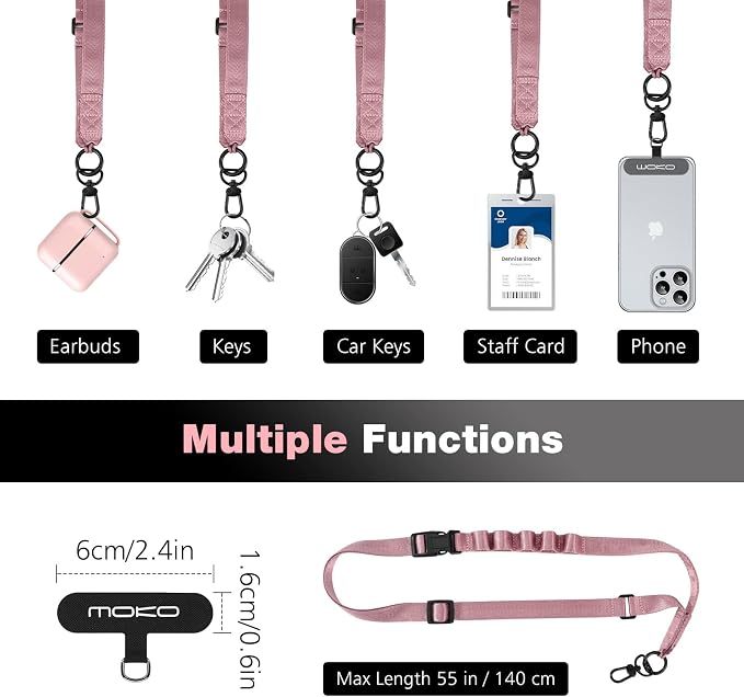 MoKo Universal Phone Lanyard, Nylon Adjustable Cell Phone Crossbody Strap Detachable Women & Men Cellphone Lanyards Around the Neck with Patches for iPhone, Most Smartphone, Rose Gold - Image 6