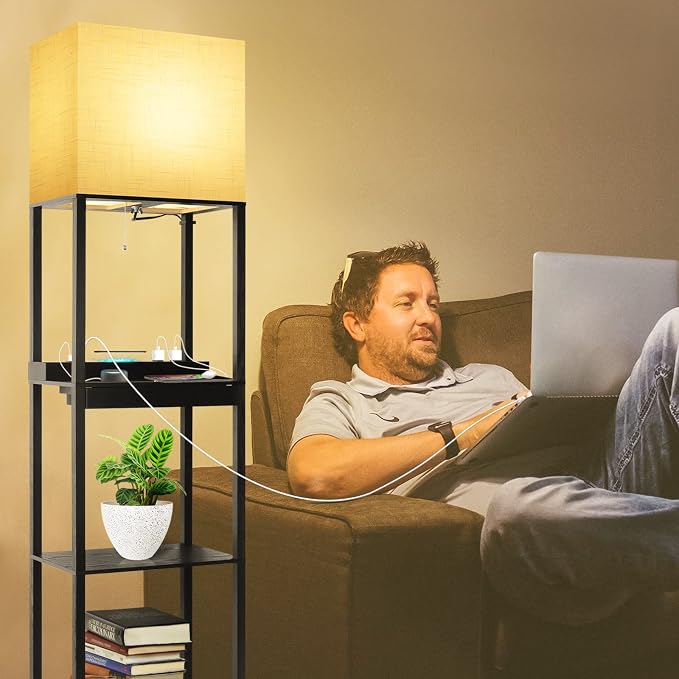 RUNTOP Plus Charging Station Floor Lamp with Wireless Charger, 2 USB-C Port, 2 Power Outlet, Floor Lamp with Shelves, 15W LED Bulb, 3 Colors, Memory Function, Standing Lamp for Living Room Bedroom - Image 6