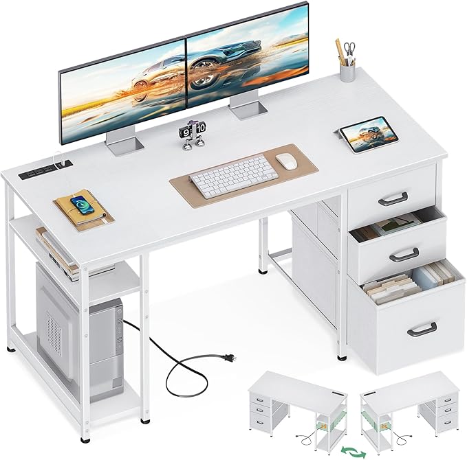 AODK 51 Inch White Computer Desk with Drawers & USB Power Outlets | Reversible Home Office Desk with Storage Shelves, Work from Home, Modern Work/Writing/Study Table for Bedroom, White by AODK