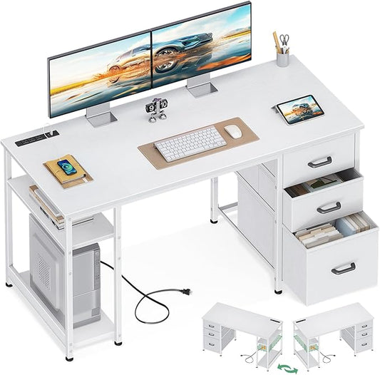AODK 51 Inch White Computer Desk with Drawers & USB Power Outlets | Reversible Home Office Desk with Storage Shelves, Work from Home, Modern Work/Writing/Study Table for Bedroom, White by AODK