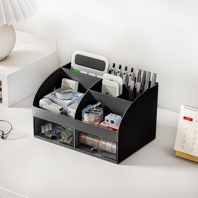 COMFYROOM Desk Organizer with 6 Compartments and 2 Drawers, Plastic Makeup Organizer, Pen Holder for Desktop Storage, Desk Organization for School, Home, Office Supplies (Black) - Image 6
