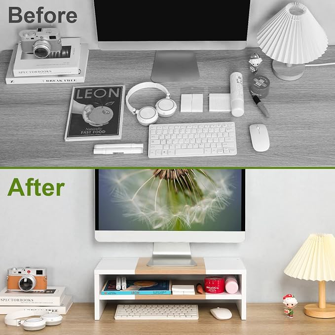TEAMIX 2 Tiers Desktop Monitor Stand Riser 20 Inch Printer Stand with Storage Small TV Riser Laptop Wooden Desk Organizer Shelf Bookshelf Maple (White+Maple, 2 Tiers) | Laptop/PC/Printer/Keyboard Storage, Ergonomic Design, 15mm thick Sturdy Wood Boards... - Image 6