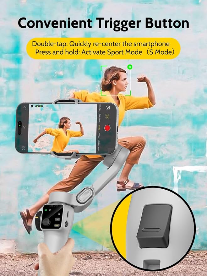 AOCHUAN Cellphone Gimbal for Video Recording w/AI Tracking,3 -axis Vlogging Gimbal stabilizer for iPhone w/OLED Display, Smartphone Holder w/7.8' Extension Rod, Trigger Button Smart V8(White) - Image 5