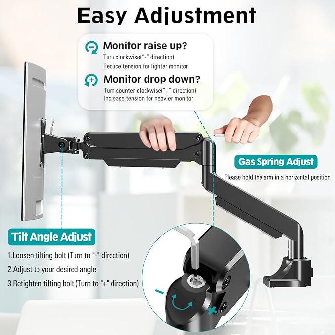 MOUNT PRO Single Monitor Mount for Max 43 Inch Ultrawide Computer Screen, Premium Aluminum Heavy Duty Monitor Arm Holds 6.6lbs to 33lbs, Gas Spring Full Motion Display Desk Stand, VESA Mount - Image 3