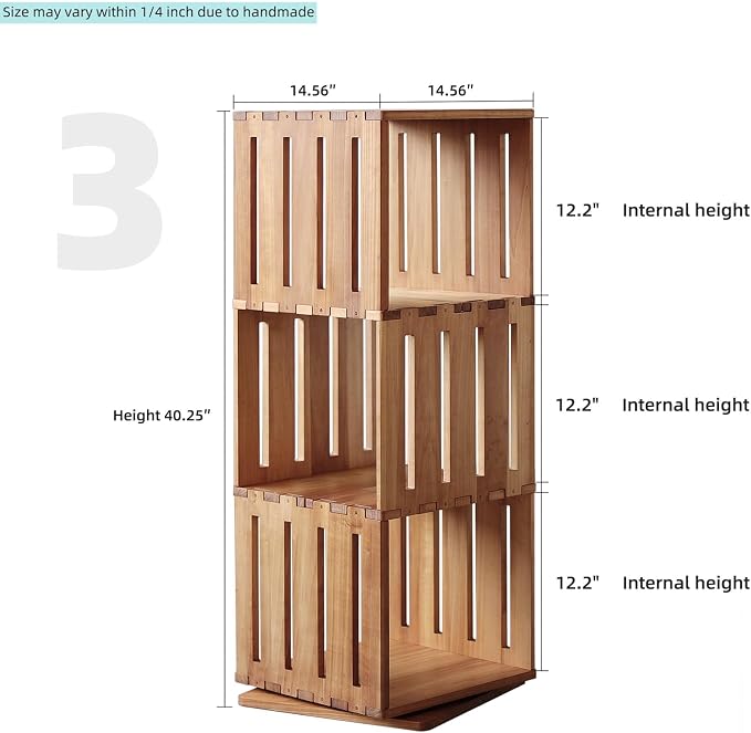 Wooden Rotating Bookshelf, 360°Spinning Deep-Bin Tower for Art Books&Large Formats, Solid Wood Revolving Bookcase, Floor Standing Storage Rack,Corner Organizer,Small Space,study,Office, 3-Tier - Image 2