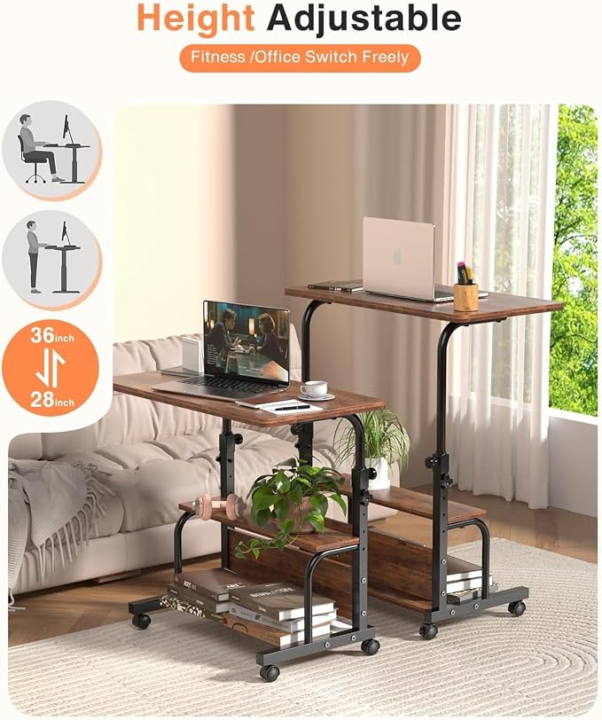 QZMDSM Portable Rolling Desk on Wheels Adjustable Height Desks for Small Spaces, 32" Computer Desk Drafting Tables with Storage Shelves for Home Office Rustic - Image 7