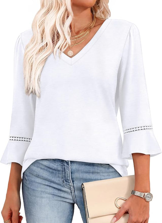 WIHOLL Womens Blouses Dressy Casual 3/4 Length Sleeve Tops Lace Trendy 2026 Spring Summer V Neck Shirts Vacation Outfits by WIHOLL