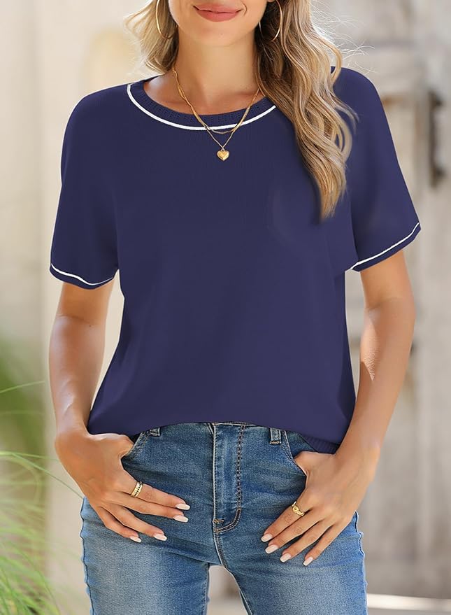 SHEWIN Womens Tops Trendy Short Sleeve Shirts Crewneck Lightweight Knit Sweater Top Business Casual Outfits - Image 5
