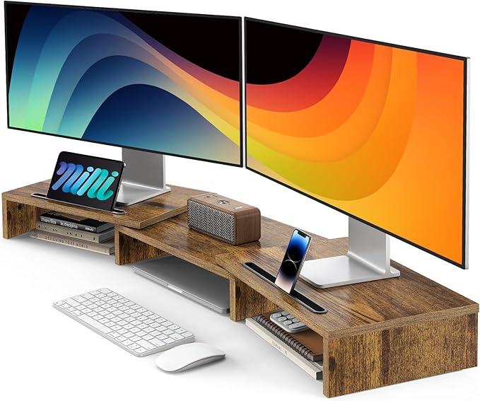AMERIERGO Dual Monitor Stand Riser- 3 Shelf Screen Stand with Adjustable Length and Angle, 2 Extra Functional Slot Desktop Organizer Stand for PC, Computer, Laptop (Rustic Brown) by AMERIERGO