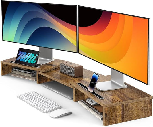 AMERIERGO Dual Monitor Stand Riser- 3 Shelf Screen Stand with Adjustable Length and Angle, 2 Extra Functional Slot Desktop Organizer Stand for PC, Computer, Laptop (Rustic Brown) by AMERIERGO