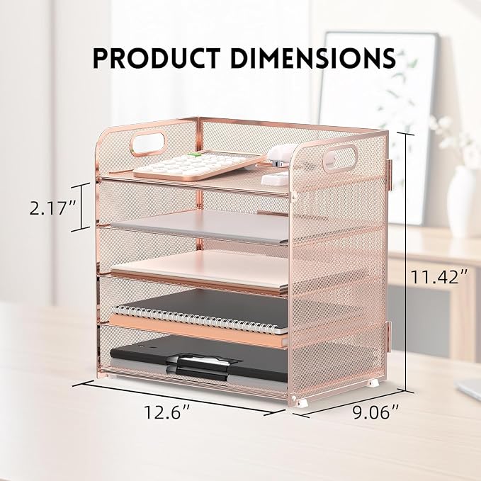 Supeasy 5 Trays Paper Organizer Letter Tray with Handle-Mesh Desk File Organizer, Paper Sorter Desk Organizer for Office, Home or School (Rose Gold) - Image 5
