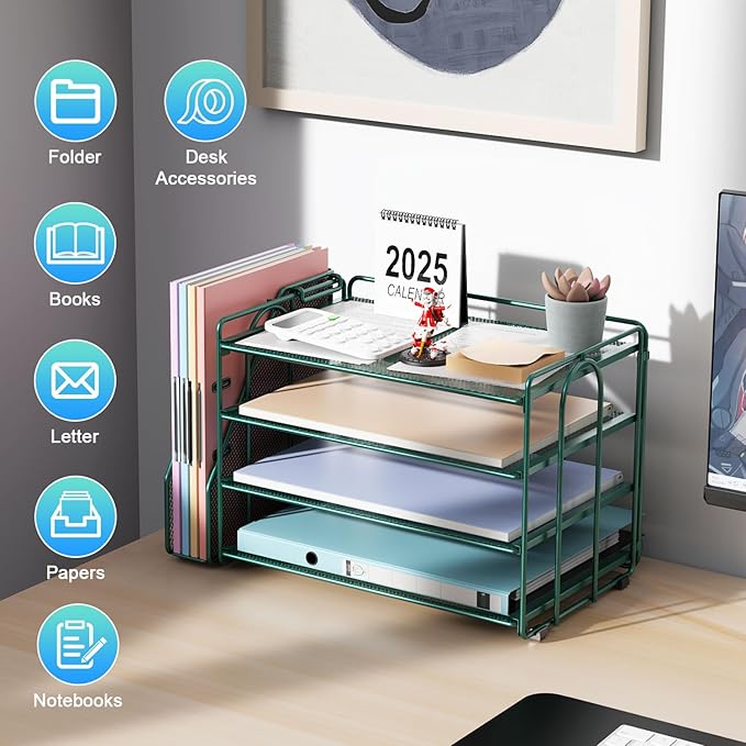 gianotter 4-Tier Paper Organizer With Magazine Holder | Desk Organizers and Accessories, File Organizer for Office Supplies Storag (Green, 4-Tier) - Image 2