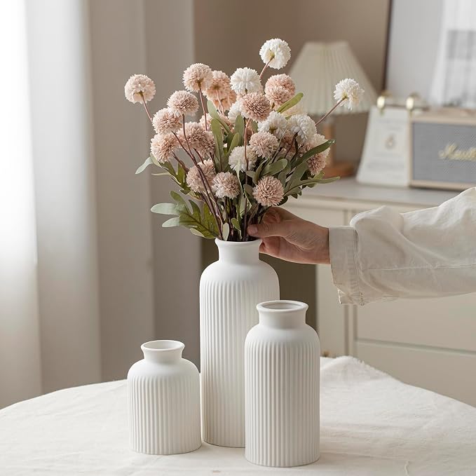 Large Modern Ceramic Vase Set, White Ribbed Matte Design, 3-Piece Decorative Vases for Home, Living Room, Office (XL White) - Image 2