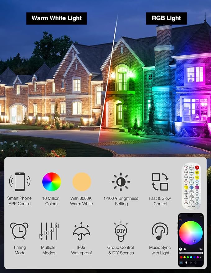Spot Lights Outdoor, Smart RGBW LED Color Changing Landscape Lights with APP and Remote Control, Music Mode, DIY Scenes, Timing, IP65 Waterproof Spotlights Plug in for Yard Garden, 2 Pack - Image 3