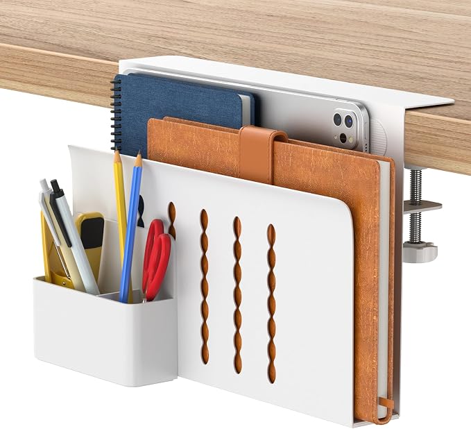 HAMOPY Desk Side Storage, Single-Layer Steel Hanging Desk Organizer with Magnetic Pen Holder, No Drilling Desk Drawer Cable Management Tray, Under Desk Laptop Holder for Office, School&Home(White) by HAMOPY