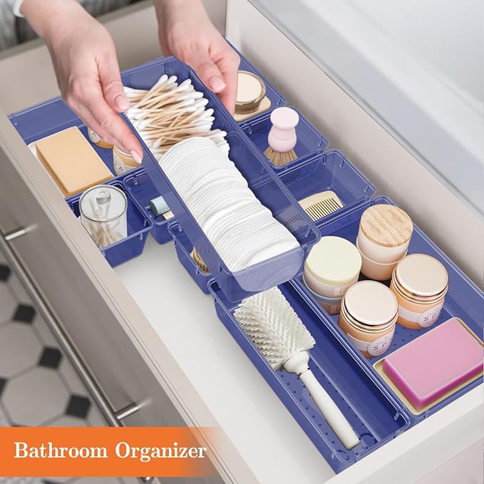 SpaceHacks 25 PCS Plastic Drawer Organizer Set, 4-Size Versatile Organizer Trays & storage Bins for Makeup, Jewelry, and Gadgets in Bathroom, Bedroom and Office,Dark Blue - Image 6