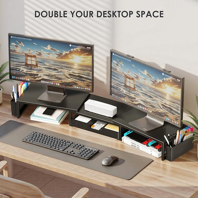 OPNICE Desk Organizers and Accessories, Dual Monitor Stand Riser with Drawer and 2 Pen Holders, Desk Shelf Metal Computer Racks for Office Workspace Organizers, Desktop Organization (Black Metal) - Image 4