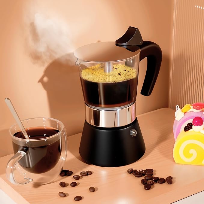 4 Cup 200ml Glass Moka Pot, Stovetop Espresso Maker, Black | Crystal Glass-top & Stainless Steel Coffee Maker, Induction Compatible, for Greca de Cafe, Cuban and Italian Coffee Brewing - Image 6