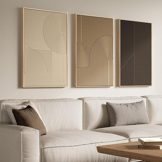 Large 3D Textured Framed Boho Neutral Abstract Wall Art for Living Room, 3 Piece Modern Artwork for Walls, Minimalist Beige Brown Tan Geometric Paintings for Hallway, Stair, Office Wall Decor 24x36 In by Cuspin