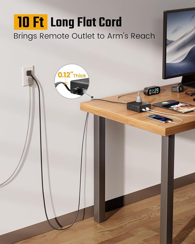 SUPERDANNY Extension Cord,Flat Plug Surge Protector Power Strip,10Ft | 8 AC & 4 USB Ports (2 USB C),Surge Protector with 1050J,Desk Charging Station for Home Office,College Dorm Room Essentials - Image 2