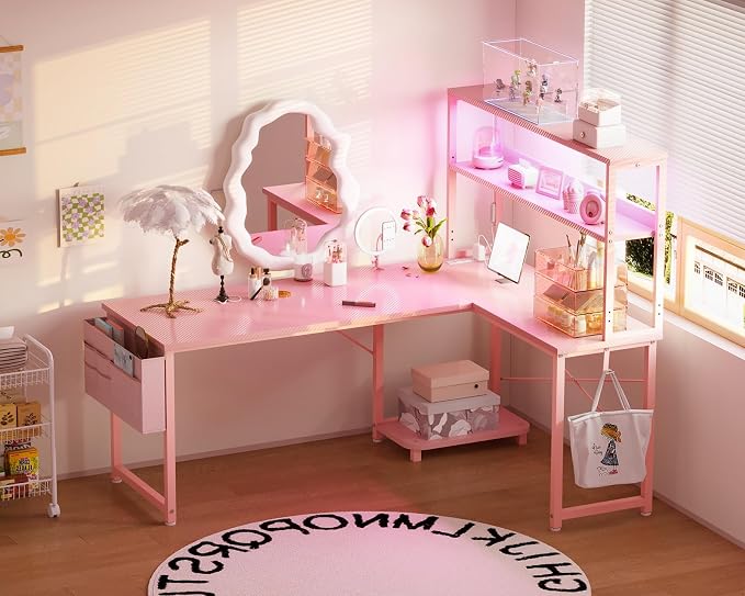 AODK L Shaped Desk Gaming Desk with LED Light & Power Outlet | 53 Inch Pink Reversible L Shaped Computer Table with Shelf & Storage Bag & Hook for Home Office - Image 7