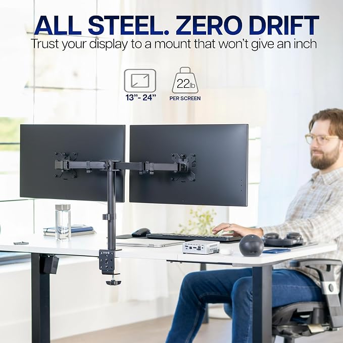 VIVO Dual Monitor Desk Mount, Heavy Duty Fully Adjustable Steel Stand, Holds 2 Computer Screens up to 24 inches and Max 22lbs Each, Black, STAND-V024 - Image 2