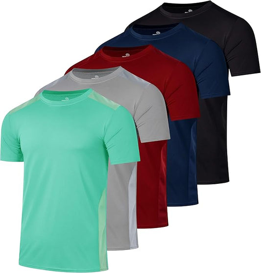 5 Pack Men's Dry Fit Short Sleeve T-Shirt Gym Workout Athletic Running Tee | Cooling, Moisture-Wicking, Crew Neck, Quick-Dry, Breathable, Active, Exercise, Fitness, Basketball, Cycling, Hiking, Tennis by RealEssentials