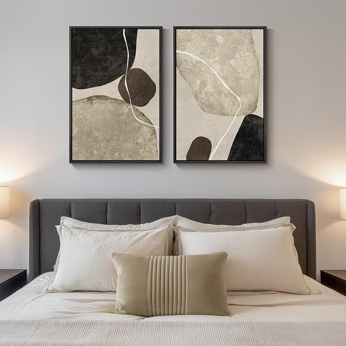 Framed Neutral Abstract Wall Art Set of 2, Modern Black Beige Brown Canvas Prints Paintings Artwork for Walls, Minimalist Stone Shape Pictures for Bedroom Dining Room Living Room Wall Decor 16x24 In - Image 2
