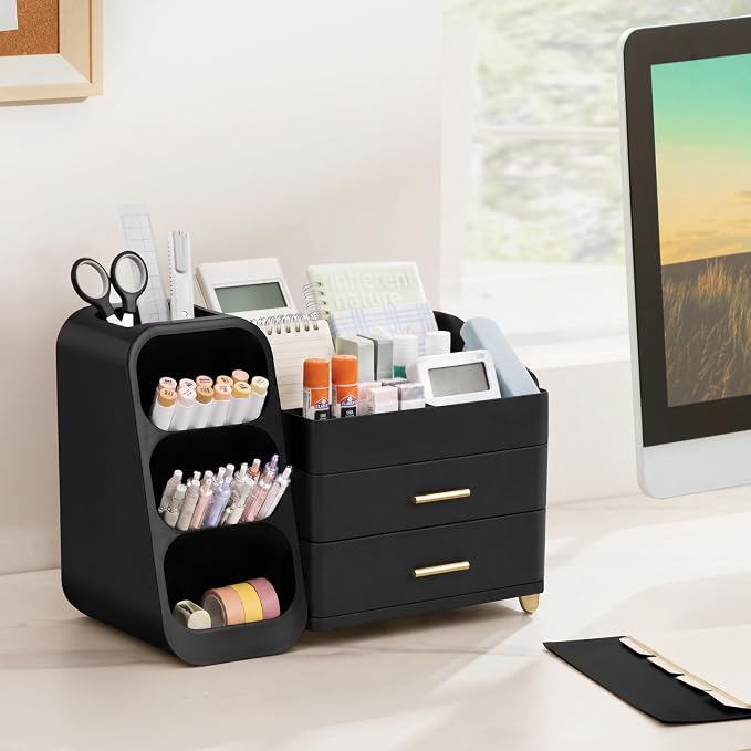 HBlife Desk Organizer with Pen Pencil Holder for Desk, Pen Organizer with 2 Drawers, Desk Organizers and Accessories with 4 Compartments, Desktop Storage for Office Home School Art Supplies, All Black - Image 7