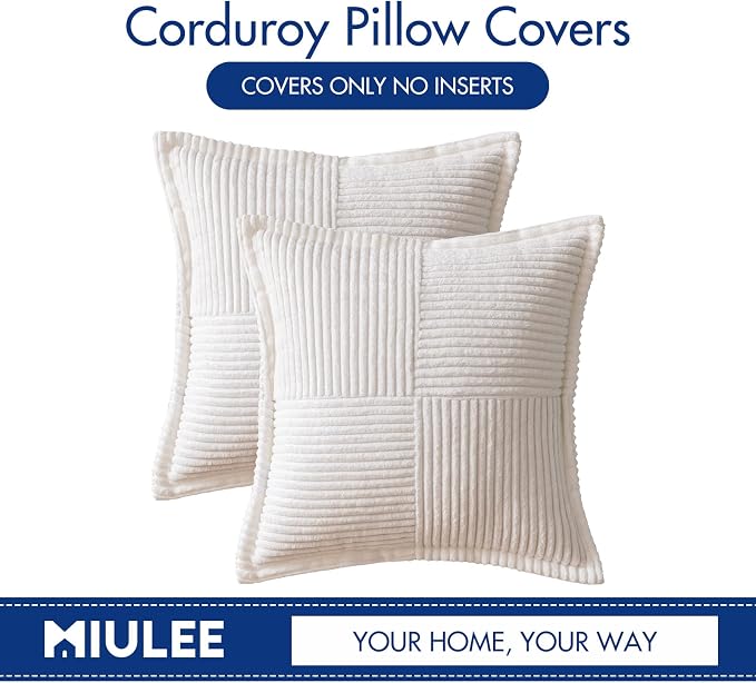 MIULEE Decorative Throw Pillow Covers for Couch Bed Livingroom 18x18 Inch Set of 2 White Boho Accent Throw Pllows Broadside Striped Patchwork Soft Corduroy Pillowcases - Image 6