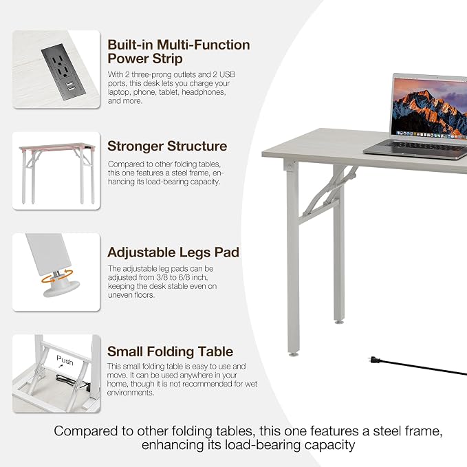 TEMI Small Computer Desk Folding Table - No Assembly, Compact 43.3" Foldable Desk with Power Outlets & USB Charging Port, Portable Small Office Desk, Ideal Mini Study Table for Narrow Spaces,White Ash - Image 8
