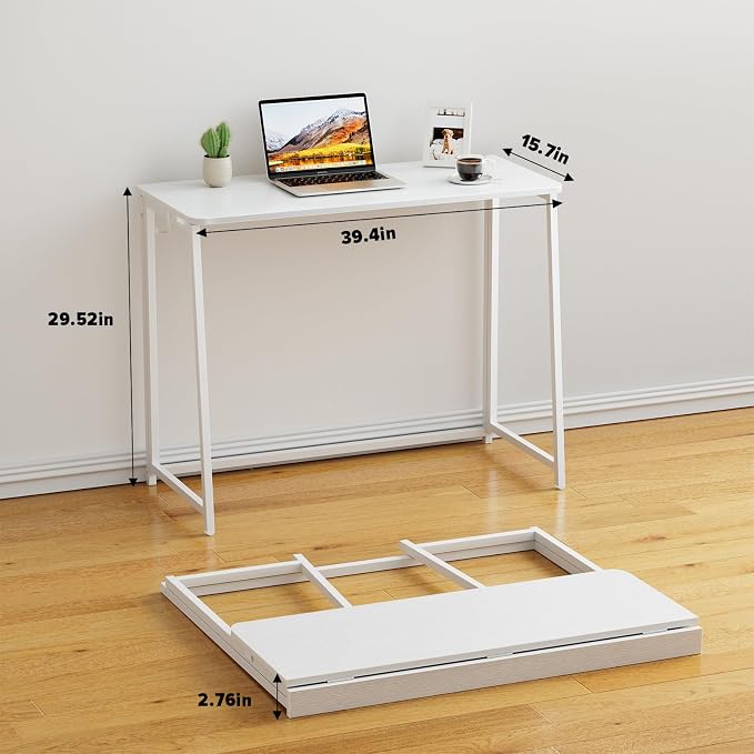 WOHOMO Folding Desk, 39.4" Foldable Computer Table for Small Spaces, White | Easy Assembly and Fold, Sturdy Home office desks for Study Bedroom Dorm Space Saving Writing Work Apartment - Image 2