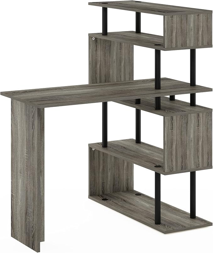 Furinno Classic L Shape Computer Desk, Gaming Desk, Office Desk with 5-Tier Shelves, 40" Wide, for Home Office, Study, Gaming, Grey Oak - Image 6